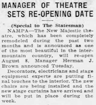 News of the theatre’s imminent reopening, as printed in the 1st August 1934 edition of the <i>Idaho Daily Statesman</i> (500KB PDF)