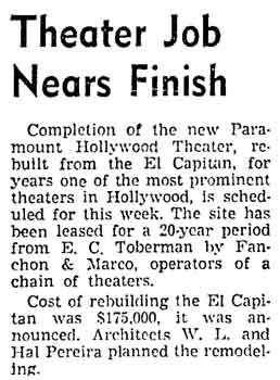 An update on the theatre’s transformation into the “Hollywood Paramount”, as printed in the 15th March 1942 edition of the <i>Los Angeles Times</i> (150KB PDF)