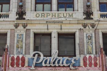 Palace Theatre, Los Angeles, Los Angeles: Downtown: Facade showing Orpheum lettering