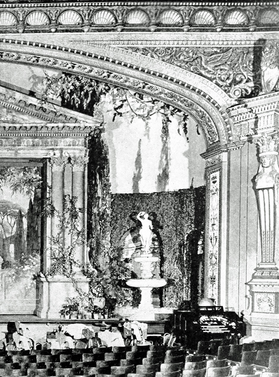 Stage setting of Capitol Theatre, Chicago, showing Italian temple with marble fountain.