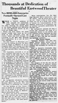 News of the theatre’s opening, as printed in the 28th December 1929 edition of <i>The Capital Times</i> (530KB PDF)