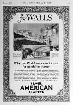 <i>Beaver American Plaster</i> ad featuring the theatre, as printed in the January 1926 edition of <i>The Architectural Forum</i> (630KB PDF)