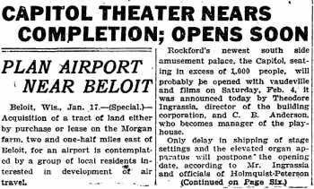 News of the theatre nearing completion, as reported in the 17th January 1928 edition of the <i>Rockford Republic</i> (660KB PDF)