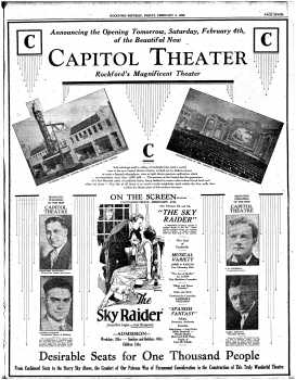 New of the theatre’s imminent opening, as reported in the 3rd February 1928 edition of the <i>Rockford Republic</i> (1.1MB PDF)