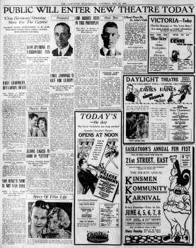 News of the theatre’s opening, as printed in the 11th May 1929 edition of <i>The Saskatoon Star-Phoenix</i> (1MB PDF)