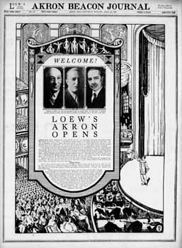 Full page opening ad with auditorium photo on second page, as printed in the 20th April 1929 edition of the <i>Akron Beacon Journal</i> (1.4MB PDF)