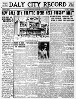 News of the theatre’s imminent opening, as printed in the 23rd November 1928 edition of the <i>Daly City Record</i>, courtesy <i>Daly City Library</i> (670KB PDF)