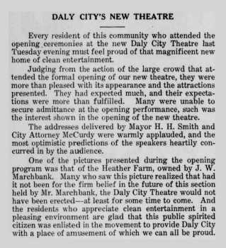 Editorial on the opening of the theatre, as printed in the 30th November 1928 edition of the <i>Daly City Record</i>, courtesy <i>Daly City Public Library</i> (155KB PDF)