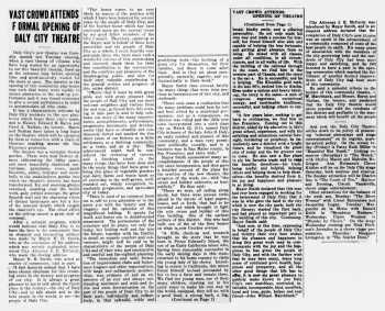 Review of the opening of the theatre, as printed in the 30th November 1928 edition of the <i>Daly City Record</i>, courtesy <i>Daly City Public Library</i> (155KB PDF)