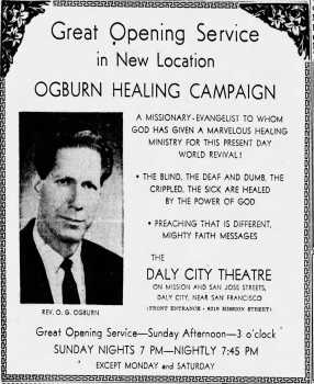 Newspaper ad for the theatre’s use as a church, as printed in the 20th April 1957 edition of <i>The San Francisco Examiner</i> (370KB PDF)