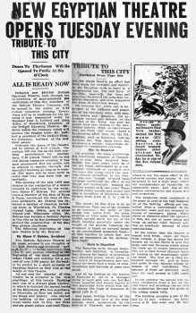 News of the theatre’s opening, as printed in the 9th December 1929 edition of <i>The DeKalb Daily Chronicle</i> (580KB PDF)