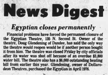 News of the theatre’s closure, as printed in the 1st November 1977 edition of <i>The DeKalb Daily Chronicle</i> (130KB PDF)