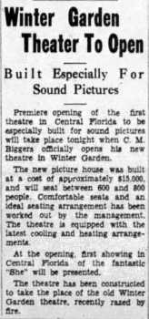 News of the theatre’s opening, as printed in the 18th July 1935 edition of the <i>Orlando Evening Star</i> (125KB PDF)