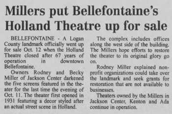 News of the theatre’s closure and being put up for sale, as printed in the 19th October 1998 edition of the <i>Sidney Daily News</i> (225KB PDF)