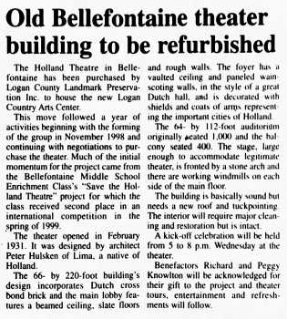 News of the theatre’s proposed refurbishment, as printed in the 17th January 2000 edition of the <i>Marysville Journal-Tribune</i> (420KB PDF)