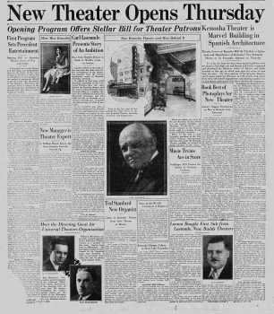 14-page Special celebrating the theatre’s opening, as printed in the 31st August 1927 edition of the <i>Kenosha Evening News</i> (24MB PDF)