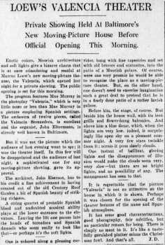 News of the theatre’s opening, as printed in the 24th December 1926 edition of <i>The Baltimore Sun</i> (1.8MB PDF)