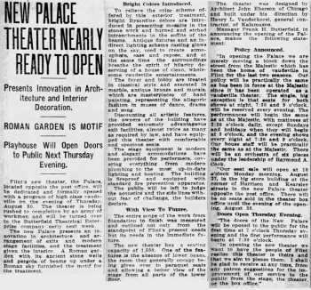 News of the theatre being nearly ready to open, as printed in the 25th August 1917 edition of <i>The Flint Journal</i> (4.3MB PDF)