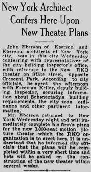 News of architect John Eberson’s travels in planning the theatre, courtesy Cinema Treasures user <i>Derrick Paul</i> (160KB PDF)