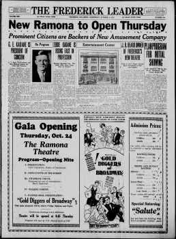 4-page feature with news of the theatre’s imminent opening, as printed in the 23rd October 1923 edition of <i>The Frederick Leader</i> (5.2MB PDF)