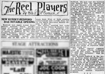 News of the theatre’s opening, as printed in the 28th January 1928 edition of the <i>Detroit Free Press</i> (220KB PDF)