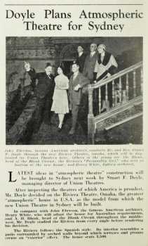 John Eberson tours Stuart F. Doyle and other representatives of Australia’s <i>Union Theatres</i> around the Riviera Theatre, as printed in the 18th May 1927 edition of general interest magazine <i>Everyone’s</i> (980KB PDF)