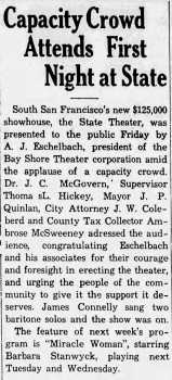 News of the theatre’s opening as reported in the 9th October 1931 edition of <i>The Enterprise and the South San Francisco Journal</i> (310KB PDF)