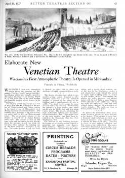 Two-page feature on the theatre as printed in the 16th April 1927 edition of <i>Exhibitors Herald</i>, held by the Media History Digital Library and digitized by the Internet Archive (1.6MB PDF)