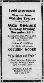 News of the theatre reopening as the <i>Warner Bros Whittier</i>, as printed in the 20th November 1929 edition of <i>The Whittier News</i> (450KB PDF)