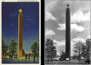 Side-by-side renderings of the <i>Star Pylon</i> at the 1939 New York World’s Fair, which provided the inspiration for the neon spire and ball added in 1940 (JPG)
