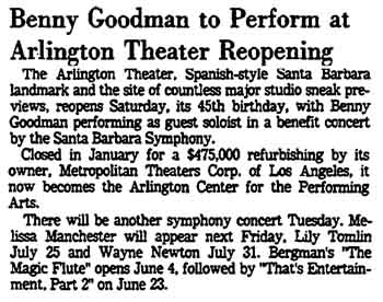 Article announcing Benny Goodman headlining at the reopening of the theatre on 22nd May 1976, as printed in the 21st May 1976 edition of the <i>Los Angeles Times</i> (250KB PDF)