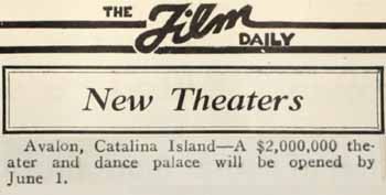 Announcement of the new theatre in the 8th April 1929 edition of <i>The Film Daily</i> (67KB PDF)