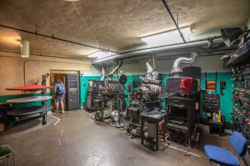 The theatre’s Projection Booth retains many of its original features, including two Brenkert carbon arc projectors and a working Brenograph