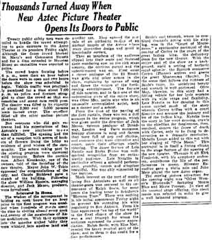 Review of the opening of the Aztec Theatre as published in the 5th June 1926 edition of the <i>San Antonio Express</i> (130KB PDF)