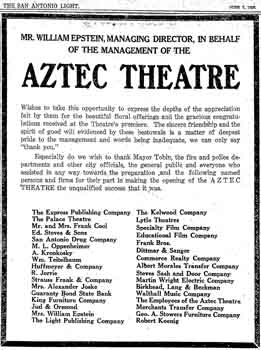 Thank-you advert published by the theatre in the 7th June 1926 edition of the <i>San Antonio Light</i> (760KB PDF)