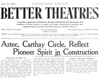 Three-page feature, including photos, of the theatre’s opening as featured in the 10th July 1926 edition of <i>Exhibitors Herald</i>, held by the Museum of Modern Art Library in New York and scanned online by the Internet Archive (2MB PDF)