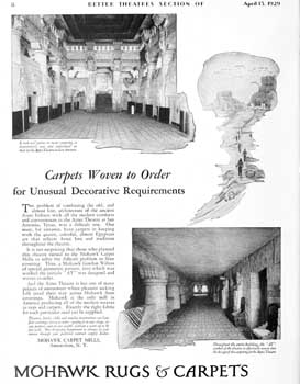Carpet advertisement featuring the Aztec Theatre, from the 13th April 1929 edition of <i>Exhibitors Herald-World</i>, held by the Museum of Modern Art Library New York and scanned online by the Internet Archive (785KB PDF)