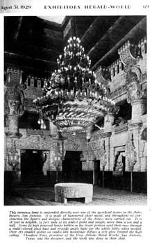 Photograph of the newly-installed lobby chandelier from the 31st August 1929 edition of <i>Exhibitors Herald-World</i>, held by the Museum of Modern Art Library in New York and scanned online by the Internet Archive (400KB PDF)