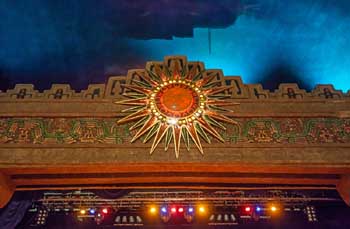 Panels above the proscenium are copied from the <i>Temple of the Plumed Serpent</i> at Xochicalco