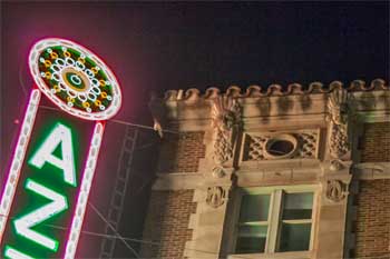 Aztec Theatre, San Antonio, Texas: Roofline beside Vertical Sign