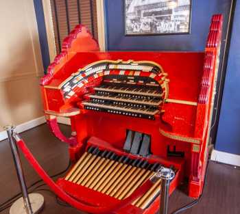 The theatre’s Wurlitzer organ console, on display in the VIP Warrior Room Lounge