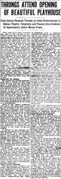 Review of the opening night at the theatre, as printed in the 29th March 1924 edition of the <i>San Diego Union</i> (770KB PDF)