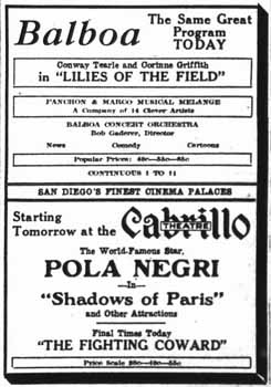 Advertisement for the second night of entertainment at the theatre, as printed in the 29th March 1924 edition of the <i>San Diego Union</i> (770KB PDF)