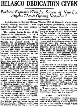 Dedication of the new theatre by David Belasco, from the 24th October 1926 edition of the <i>Los Angeles Times</i> (680KB PDF)