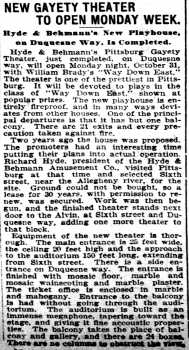 News of the theatre’s opening, as printed in the 23rd October 1904 edition of <i>The Pittsburgh Press</i> (460KB PDF)