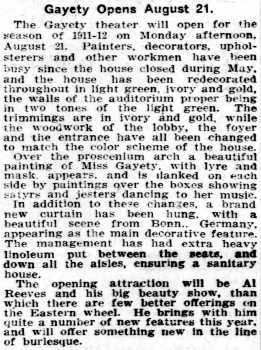 News of the theatre’s reopening after redecoration, as printed in the 13th August 1911 edition of <i>The Pittsburgh Post</i> (350KB PDF)