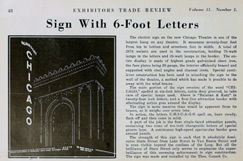 Half-page feature on the Chicago Theatre’s new vertical sign from <i>Exhibitors Trade Review</i> (December 1921), held by the San Francisco Public Library and digitized by the Internet Archive (430KB PDF)