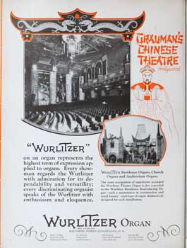 Wurlitzer advertisement featuring the Chinese Theatre’s organ, as printed in a February 1928 edition of <i>Motion Picture News</i> (660KB PDF)