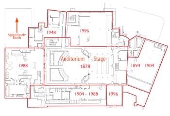 Diagram showing the comparative dates of the Citizens Theatre building complex, by Bennetts Associates (JPG)