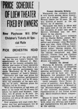 Further news on soon-to-open theatre, as printed in the 17th April 1929 edition of the <i>Akron Beacon Journal</i> (420KB PDF)